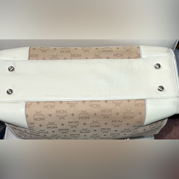 MCM Work Laptop Tote Bag Khaki Canvas MCM Visetos Logo Cream /Gray Leather Trim - Picture 3 of 13